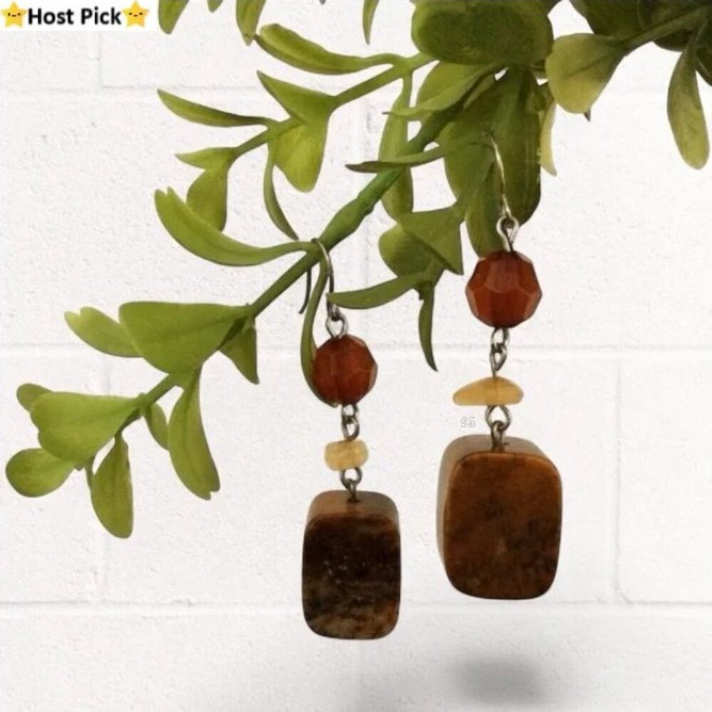 Handmade Dangling Natural Stone Earrings Carnelian Yellow Jade Picture Jasper